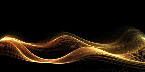 minimalistic design Abstract Gold Waves. Shiny golden moving lines design element with glitter effect on dark background for greeting card  - obrazy, fototapety, plakaty