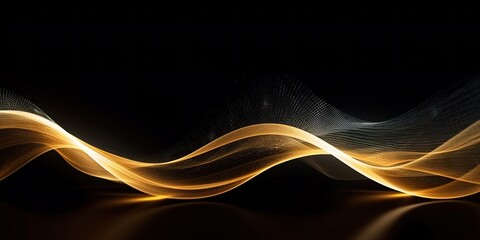 minimalistic design Abstract Gold Waves. Shiny golden moving lines design element with glitter effect on dark background for greeting card 