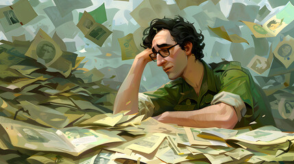Illustration of a man submerged in a sea of paperwork, symbolizing overwhelming stress from financial or bureaucratic tasks.
 - obrazy, fototapety, plakaty