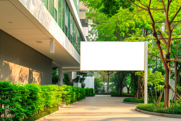 outdoor white banner sign in front of garden and office building