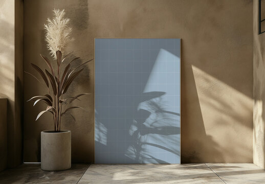 Big Picture Frame Mockup Against The Interior Wall With Plant And Sun Rays, Generative ai