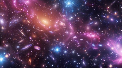 a distant galaxy cluster, with thousands of stars and galaxies swirling together in a cosmic dance of light and color.