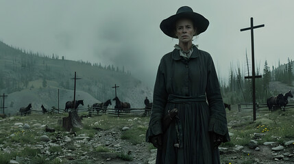 A somber woman in period attire stands alone in a misty cemetery, surrounded by wooden crosses and the remnants of battle.

