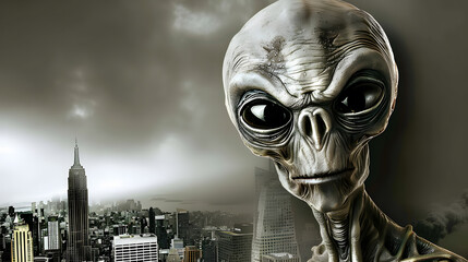 A hyper-realistic depiction of an alien creature standing in the foreground with a stormy cityscape stretching out behind.
