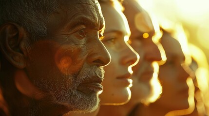 Close-up side view of diverse people's faces in sunlight. - obrazy, fototapety, plakaty