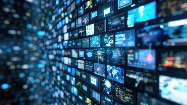 Wall of screens displaying various digital data.