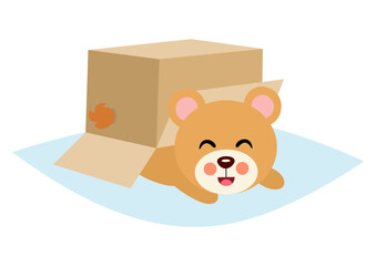 Fototapeta premium Cute teddy bear under cardboard box