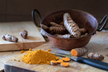 Preparing turmeric powder in the kitchen macro view