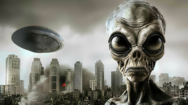 A chilling digital composition portraying an alien figure in front of a UFO hovering over a post-apocalyptic cityscape.
- Powered by Adobe