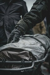 Fototapeta na wymiar A body bag being carried out of a crime scene by investigators