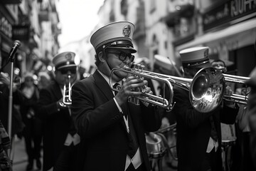 A man dressed in a formal suit playing a trumpet with skill and passion, showcasing his musical...