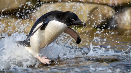 Fototapeta premium Adélie Penguin in Its Natural Habitat: Playful Avian Charm Amidst Antarctic Ice