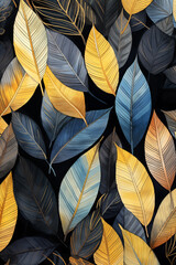 Autumn pattern of leaves in blue and gold tones on dark black background