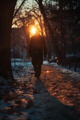 Fototapeta premium A person is walking down a path covered in snow, leaving footprints behind. The surrounding area is filled with snow-covered trees and a clear sky