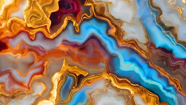 Colorful golden liquid agate design. Stone texture. Animated luxurious background. Fluid art. 59,94fps