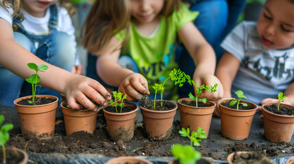 A teacher and children planting seeds in small pots, learning about nature and growth, with soil and green plants around, children, blurred background, with copy space - obrazy, fototapety, plakaty