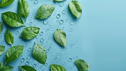 Green leaves with water droplets on a blue surface.