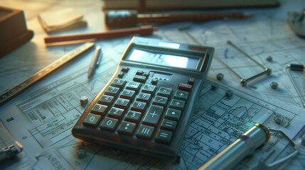 A close up of a scientific calculator on a desk surrounded by scattered geometry tools like compasses protractors and rulers The focus - obrazy, fototapety, plakaty