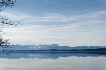 Fototapeta premium impression of lake starnberg with blue shining light at the morning