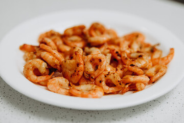 Delicious shrimp and mussels. Seafood on a white plate