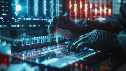 A close up of a scientists hands using a pipette to add a sample to a DNA sequencing chip with a high resolution display in the background showing a - obrazy, fototapety, plakaty
