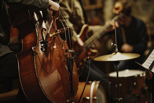 A group of people, the VetalVit jazz trio, playing musical instruments in a room. They are improvising intricate melodies and rhythms, creating a dynamic and engaging musical performance