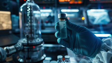 A scientists gloved hand holding a vial containing samples from a comet under analysis for organic compounds that could shed light on the