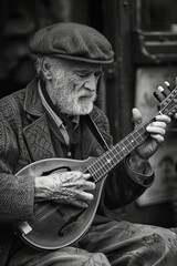 An elderly man is sitting on the street, strumming a guitar with expertise and passion. He is engrossed in his music, captivating passersby with his melodies