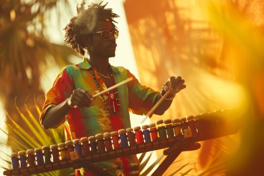 A man with dreadlocks is passionately playing a marimba, his fingers skillfully striking the keys to create vibrant tones that fill the air around him