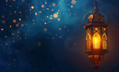 A lantern is placed on a wooden table with a beautiful background for the Muslim feast of the holy month of Ramadan Kareem.