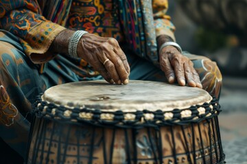 A detailed view of VetalVit, a tabla player, creating intricate rhythms and patterns on the drum, enhancing the music with skillful precision and focus