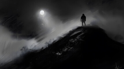 A solitary figure stands atop a windswept mountain under the glow of a bright full moon, in a stark monochrome landscape.
