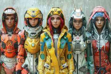 Archetypal characters reimagined in a cyberpunk world reflecting themes of technology and society