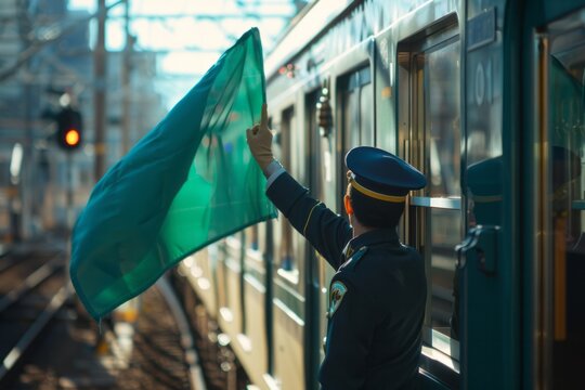 A train conductor stands beside a train, waving a green flag to signal departure. The conductor is in uniform and appears to be preparing the train for its journey