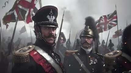 Naklejka premium Two military officers in traditional uniforms stand proudly among soldiers with British flags in a foggy setting. 