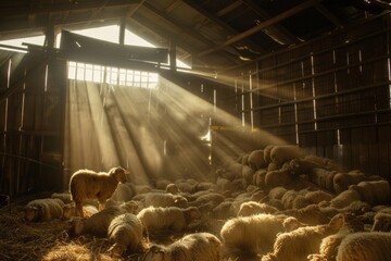 A group of sheep standing inside a barn, with some sheep looking around curiously while others are eating hay. The barn is filled with the sound of their gentle bleating - obrazy, fototapety, plakaty