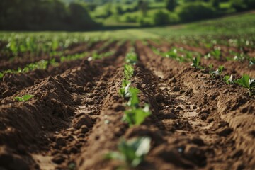 A row of vibrant green plants growing in a vast field under the clear sky. The lush plants are at varying stages of growth, showcasing the beauty of natures cycle