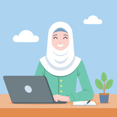 Cartoon young Asian Islam woman is sitting enjoy when working on laptop 1