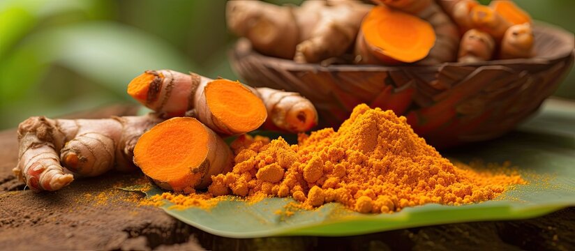 A photo showcasing a bowl filled with turmeric and a round turmeric root, with a visible turmeric plant leaf.