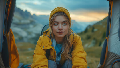 Girl in tent with a beautiful view of nature. Concept: Living in Harmony with Nature