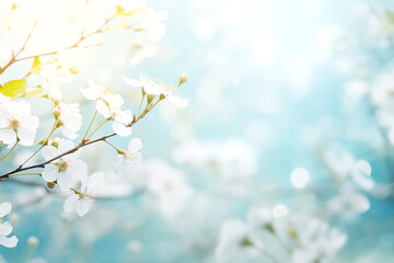 White cherry blossoms on bright blue background