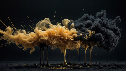The picture of colorful yellow and black smoke flying into the air against a dark background creates an atmosphere of mysticism and mystery - obrazy, fototapety, plakaty
