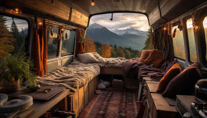 View from the camper van onto beautiful nature. Concept: Living in Harmony with Nature - obrazy, fototapety, plakaty
