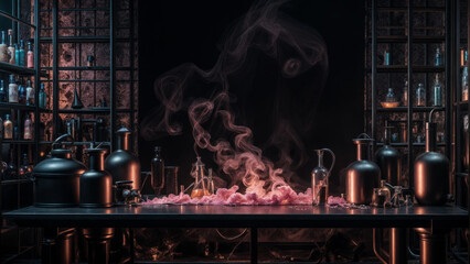Picture of a mystical science laboratory filled with smoke, with experimental devices and bottles on the shelves