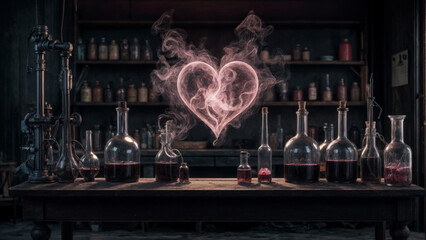 An image of a dark laboratory with smoke escaping from a flask to form a heart surrounded by vintage scientific instruments and potion bottles