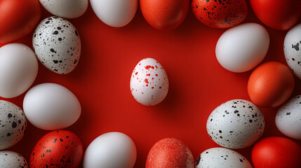 One white coil egg in the middle of a white and red eggs circle on red background - obrazy, fototapety, plakaty