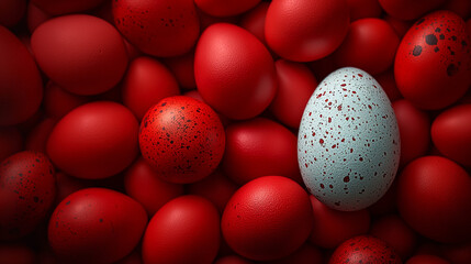 Easter red coil eggs on white eggs background - obrazy, fototapety, plakaty