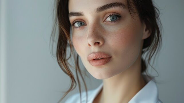 Charming sensual doctor female studio photo with copyspace, big beautiful eyes, tender lips, half body photo, professional studio shoot