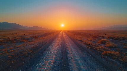  An evocative scene of an open road cutting through a barren desert landscape at sunrise, beckoning adventurers to embark on a journey.