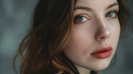 Fototapeta premium Charming sensual make-up artist female studio photo with copyspace, big beautiful eyes, tender lips, half body photo, professional studio shoot